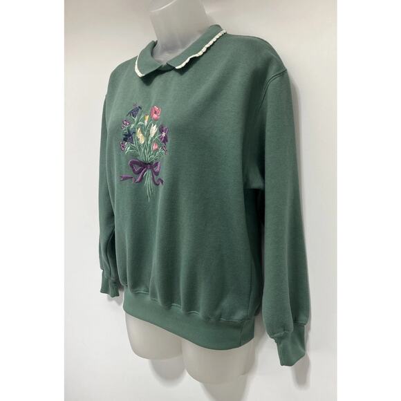 Vintage 80’s ACTIVE EXCHANGE Floral Embroidered Sweatshirt Green Sz S - Picture 2 of 6